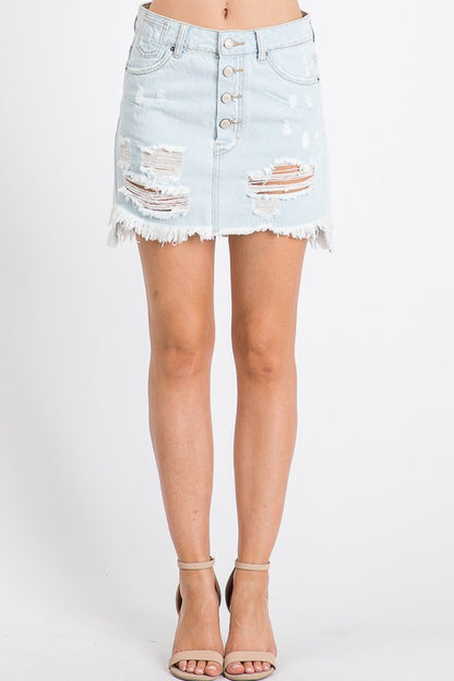 Button Fly High Low distressed Short Denim Skirt